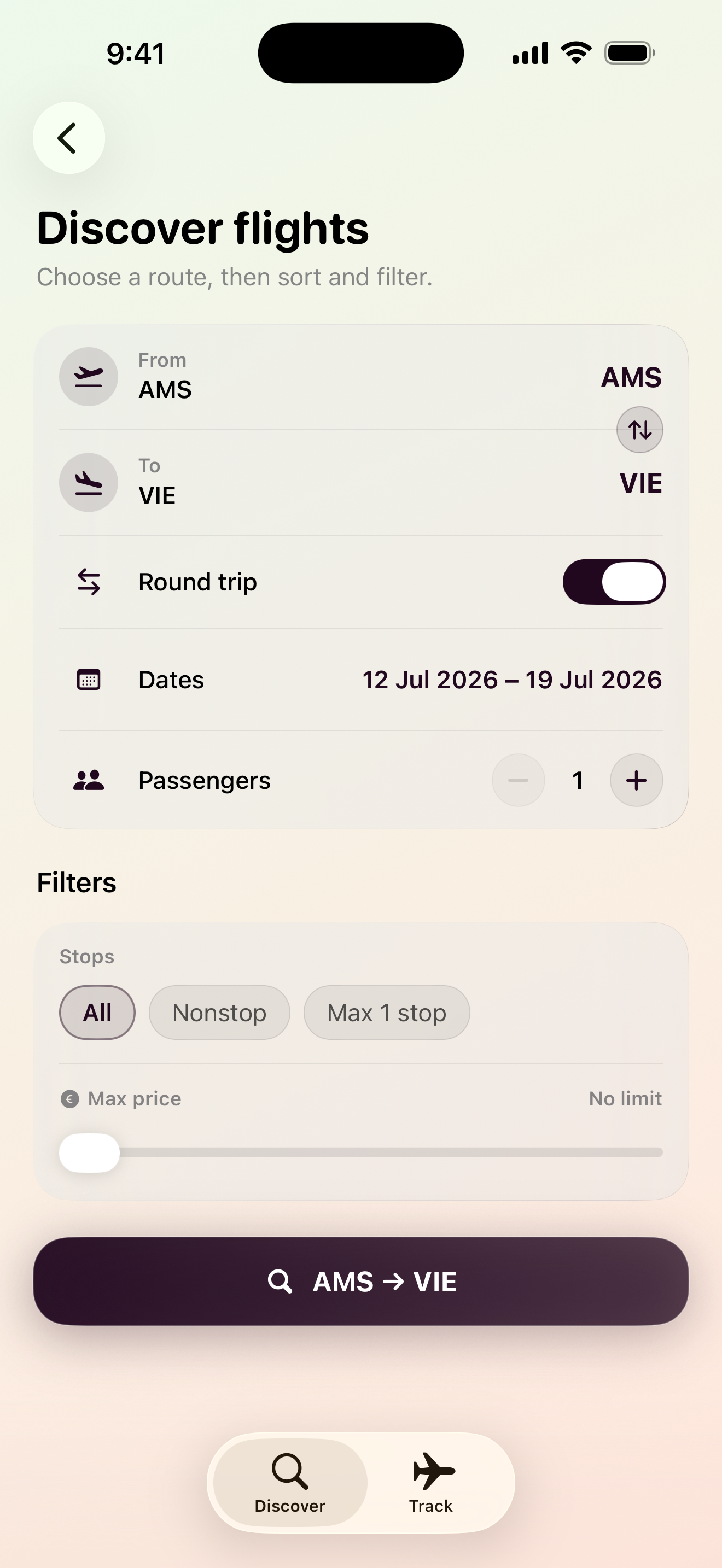 Flight search filters in Maveon