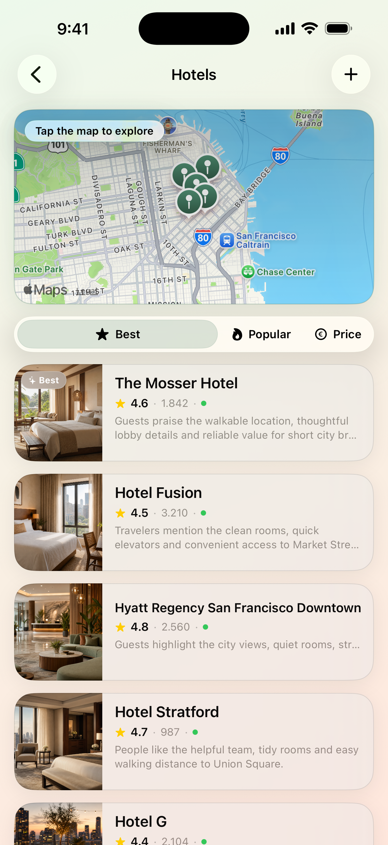Hotel results on a map in Maveon