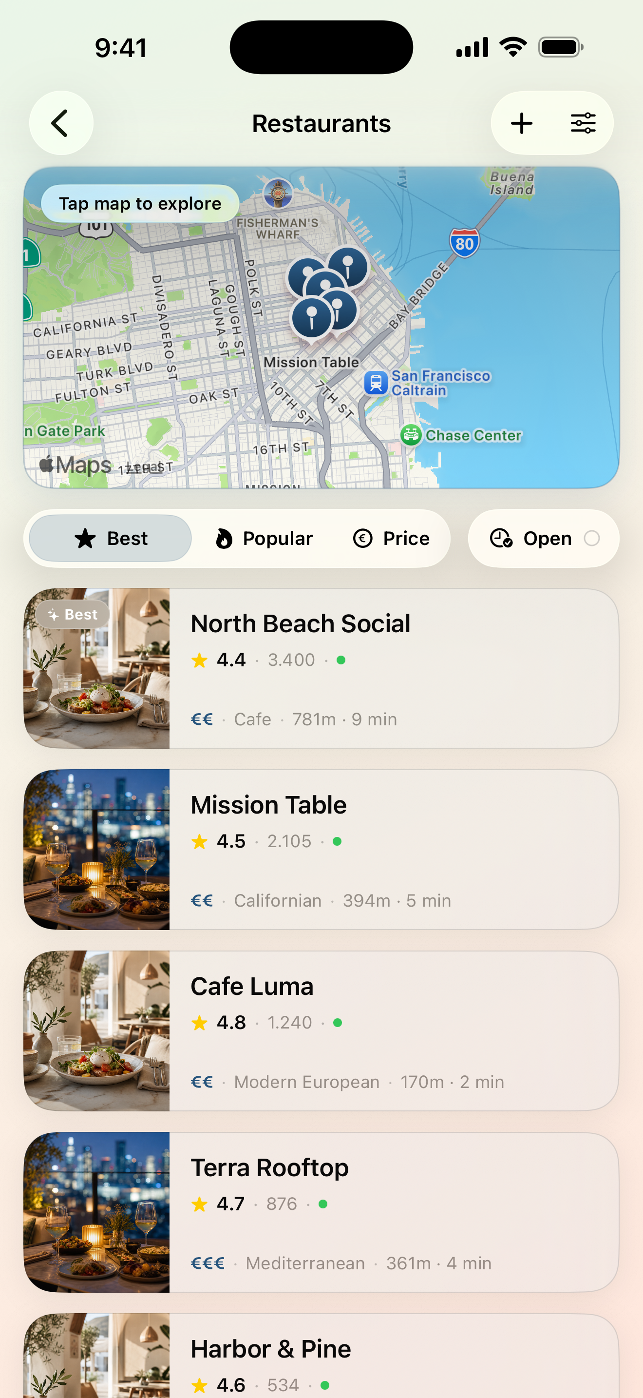Restaurant results on a map in Maveon